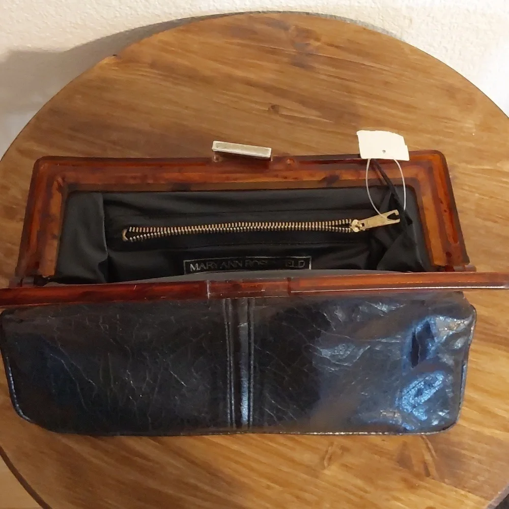 Mary Ann Rosenfeld Vintage Black leather Clutch Tortise Shell trim Gorgeous !